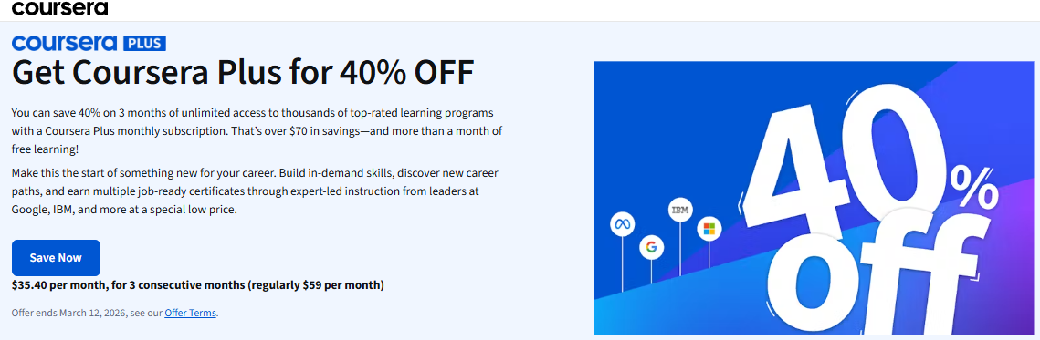 Get 40% Off On Coursera